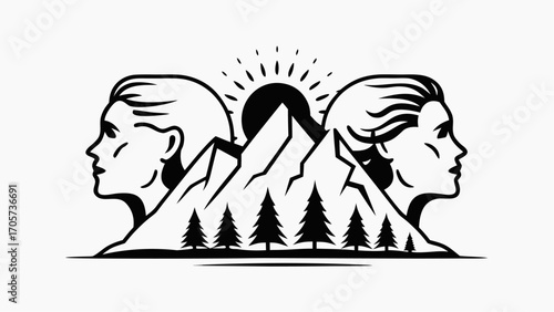 Black and white illustration of two female profiles facing mountains and sun with pine trees at base silhouette
