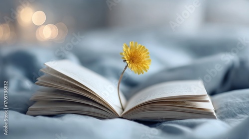 An open book rests on a soft, gray bed with a dandelion flower placed between its pages, set against a blurred background of twinkling lights