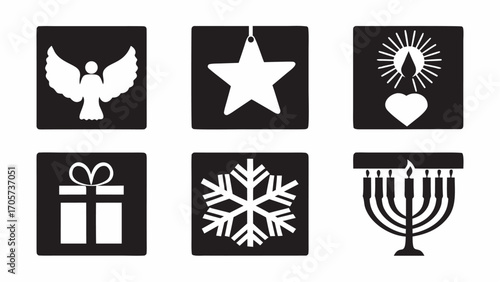 Illustration of six holiday themed icons including an angel, star, heart, gift, snowflake, and menorah silhouette