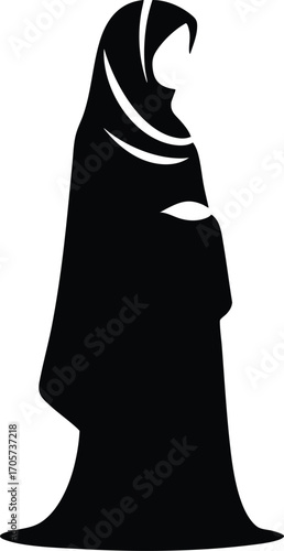 Black Silhouette of Muslim Woman in Traditional Dress vector illustration on a white background 
