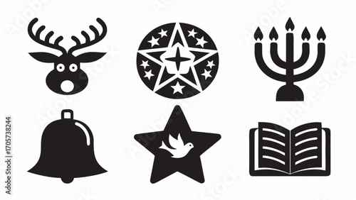 Illustration showing a reindeer, star, menorah, bell, star with bird, and open book in black and white style silhouette