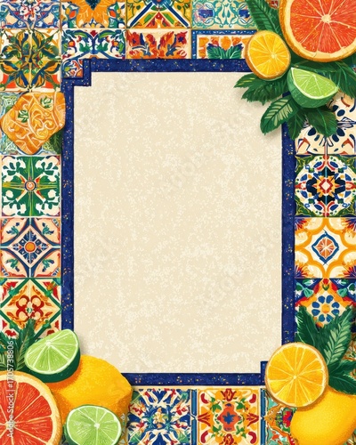 Vibrant Citrus Fruits and Colorful Mediterranean Tiles Border Design