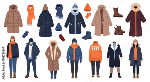 Collection of winter clothing items and accessories for men women and children