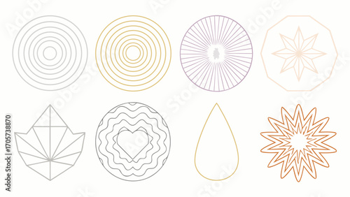 Illustration of eight geometric shapes including circles, a heart, a teardrop, and starbursts in muted colors silhouette