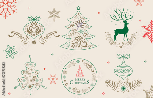 Minimal art deco with christmas tree, reindeer,wreath,gift outline.vector illustration element object for Christmas party invitation card, postcard, menu ,print, social media icon