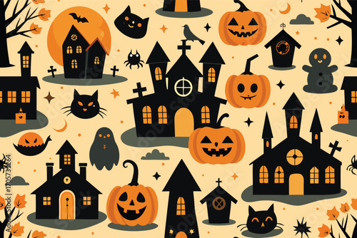 Seamless Halloween pattern. Light orange background. Castle, pumpkin, black cat, ghost,