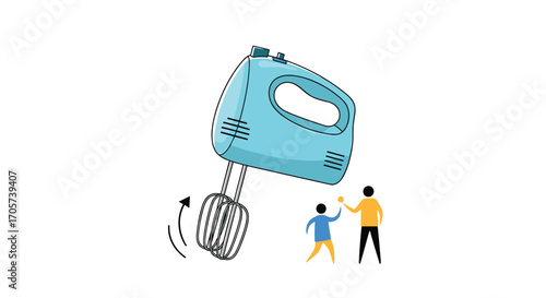 A large blue hand mixer is being operated by tiny people while mixing.