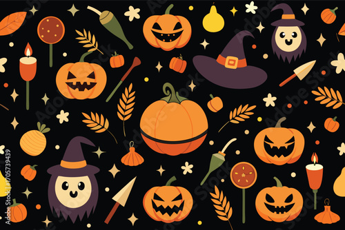 Seamless Halloween pattern. Black background with pumpkins and witch hats.