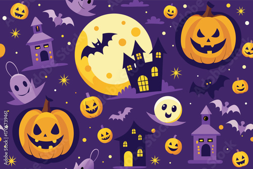 A purple seamless Halloween pattern. Background featuring a castle, pumpkins, ghosts, bats, and moon.