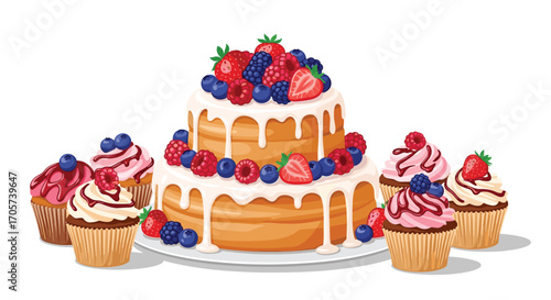 A beautiful two tiered cake decorated with fresh berries and surrounded by cupcakes.