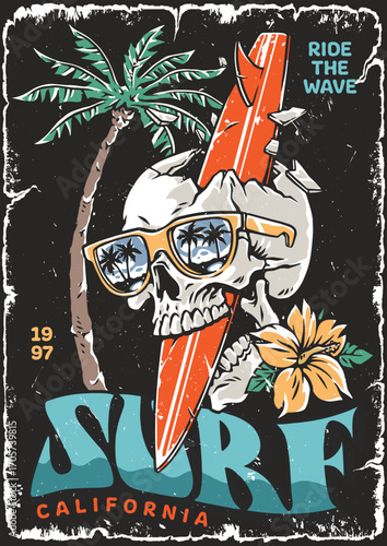 Skull and palm trees surf design