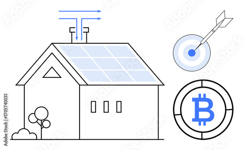 House with solar panels and ventilation, focusing on renewable energy, financial technologies, and accuracy. Ideal for technology, energy efficiency, innovation, success strategy, investment