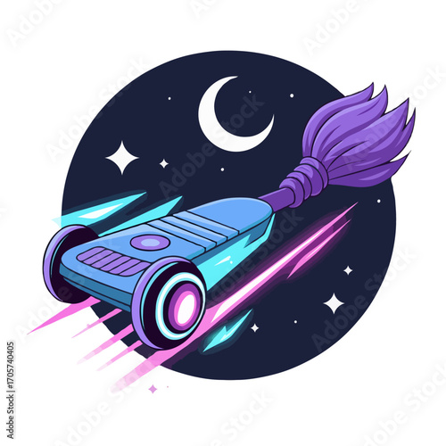 Futuristic hoverboard broomstick flying through space isolated on white background