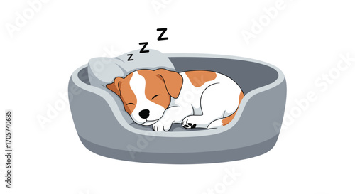 A small adorable puppy peacefully sleeping in its cozy dog bed.