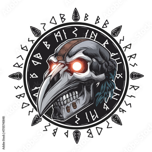 Mechanical raven skull with runes isolated on white background