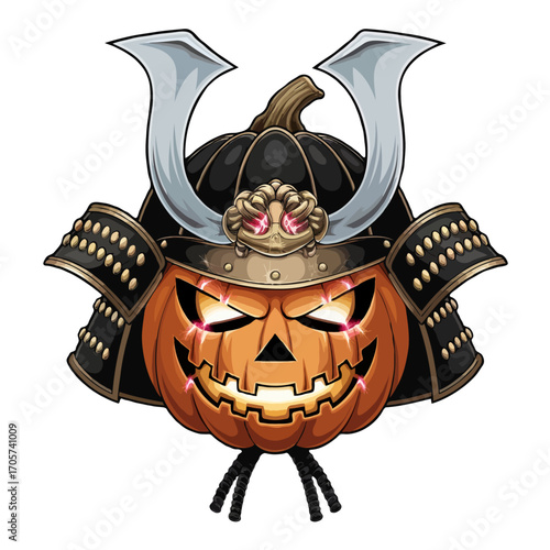 Halloween pumpkin carved as a samurai warrior helmet isolated on white background