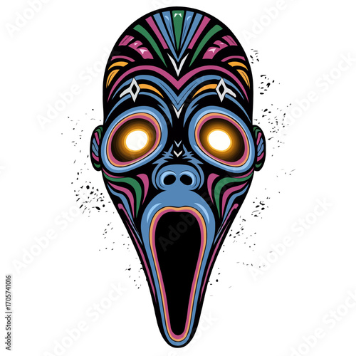 Vibrant tribal mask with glowing eyes isolated on white background