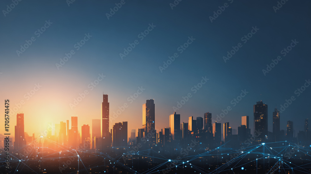 Fototapeta premium Sunshine in the Smart digital Innovation city with connection network reciprocity over the cityscape. of future smart wireless digital city and social media networking systems that connects