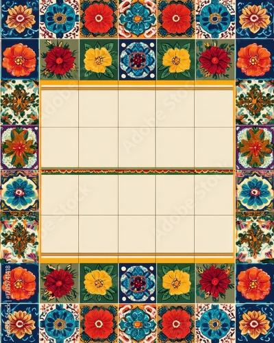 Vibrant Floral Tile Border with Empty Grid Center