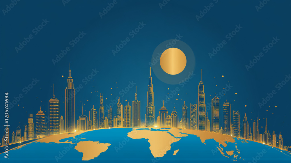 Fototapeta premium Sunshine in the Smart digital Innovation city with connection network reciprocity over the cityscape. of future smart wireless digital city and social media networking systems that connects