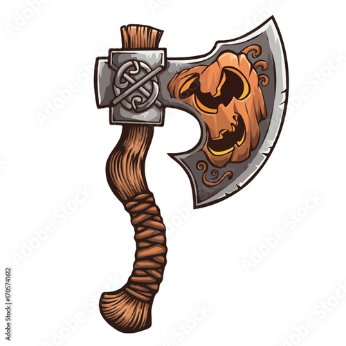 Fantasy halloween axe with pumpkin face carving isolated on white background