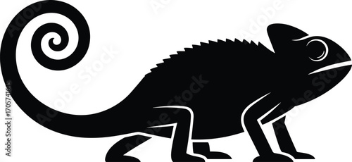 Black chameleon silhouette vector illustration, curled tail reptile design in minimal style, perfect for wildlife icons, nature graphics, or animal-themed projects