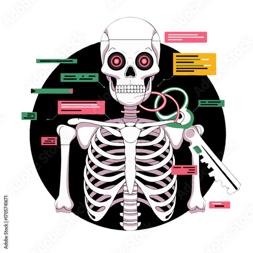 Illustration of a human skeleton with medical information isolated on white background
