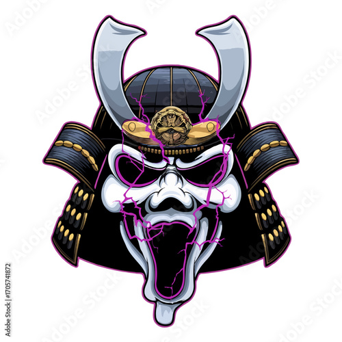 Samurai skull helmet with purple glowing eyes isolated on white background