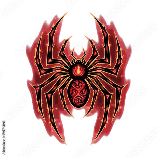 Scary red spider with spiky legs isolated on white background