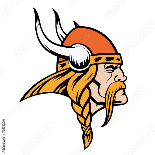 Viking warrior head profile with orange helmet and braided hair isolated on white background
