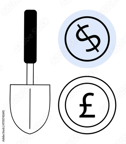 Gardening trowel alongside dollar and pound currency icons, symbolizing investment, financial growth, savings, business, wealth strategies, global economy, and capital nurturing. Ideal for a simple