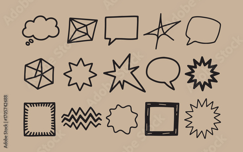 Hand drawn speech bubbles and geometric shapes on a kraft paper background