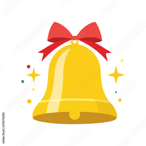 Golden Christmas bell icon with a red bow, a festive vector graphic illustration for holiday celebration design isolated on white background