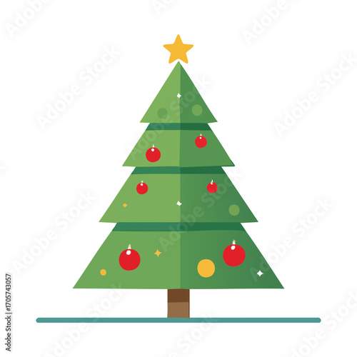 Stylized green Christmas fir tree decorated with colorful balls and a golden star for winter holidays.svg graphic