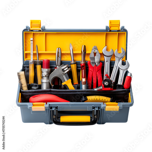 Comprehensive toolbox filled with assorted hand tools ready for any project isolated on transparent background