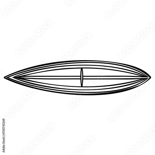Minimalist black and white line drawing of a surfboard or canoe shape