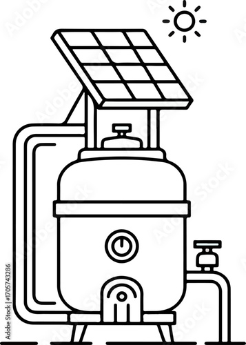 Minimalist Outline Solar Panel Water Heater System Line Art Illustration