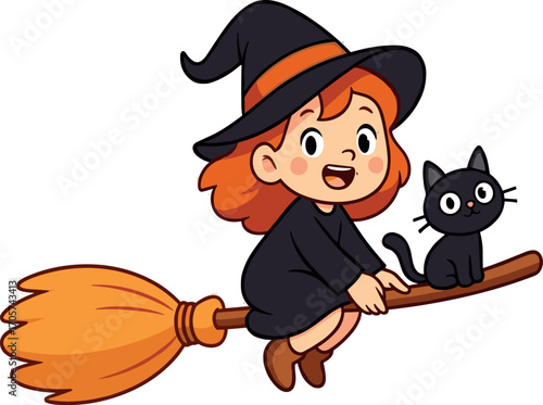 Cute witch flying with black cat. Halloween illustration. Little witch cartoon character vector art.