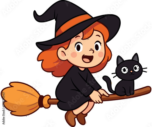 Cute witch flying with black cat. Halloween illustration. Little witch cartoon character vector art.