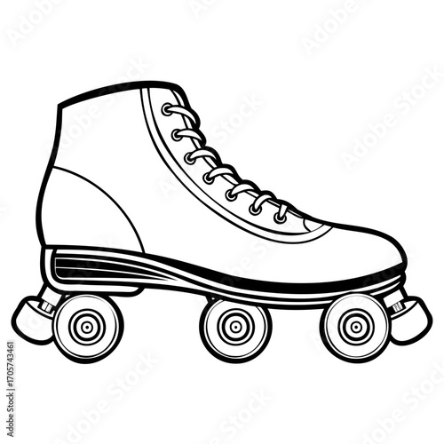 Classic roller skate with four wheels, black and white line art illustration