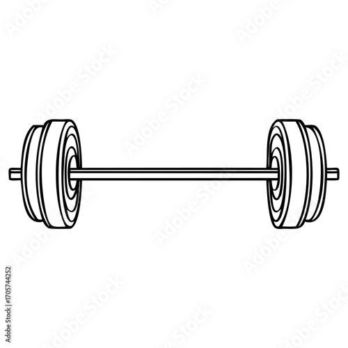 Black and white barbell weight, simple line art illustration for fitness and gym