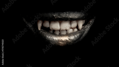 Dark Closeup of Grinning Fanged Mouth Emerging from Shadows – Horror Concept on Black Background