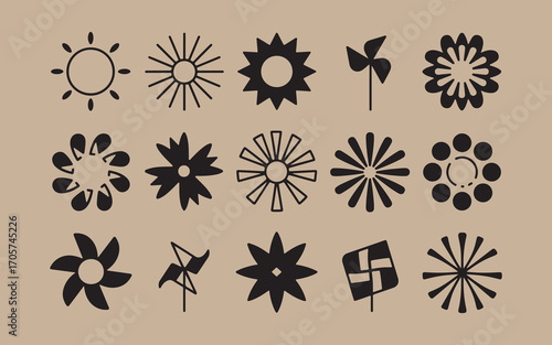 Collection of abstract floral and pinwheel graphic elements on a textured background