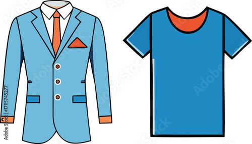 Blue suit with orange tie and blue t shirt white shirt