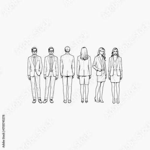 Black and white sketch of diverse business people standing in row women suits