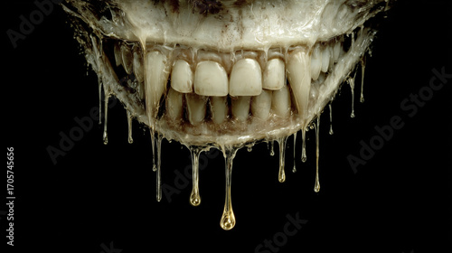 Terrifying Grinning Mouth with Dirty Teeth and Dripping Slime – Horror Concept with Monstrous Jaw and Dark Background