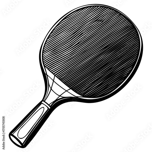 Vintage black and white illustration of a wooden table tennis paddle