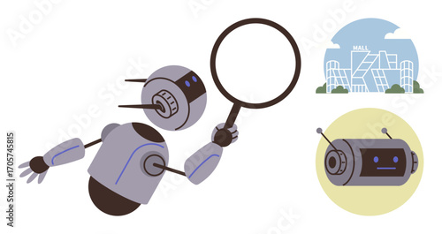 Robot holding magnifying glass investigates shopping mall and processes insights integrates technology, exploration, future, research, artificial intelligence, retail innovation. Ideal