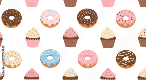 Seamless pattern with cartoon cupcakes and donuts with different toppings on white background. Concept for confectionery wallpaper, party background and sweet shop design