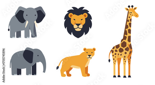 A vibrant collection of cartoon styled African animals, including elephants, lions and a giraffe. Concept for children's illustration, wildlife education and safari themed designs